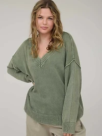 Olive Washed V Neck Long Sleeve Oversized Knit Sweater