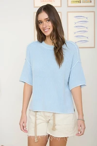 Crew Neck Raw Edge Short Sleeve Sweater