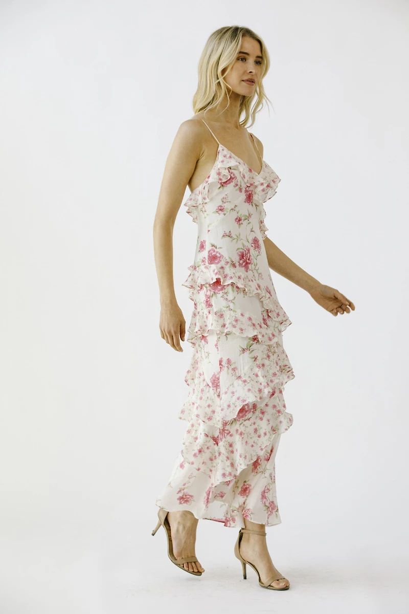 Pink Floral Rufled Slip Midi Dress