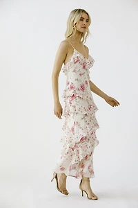 Pink Floral Rufled Slip Midi Dress