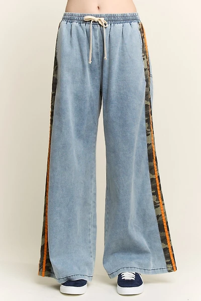 Plus Camo Side Stripe Wide Leg Denim Pants