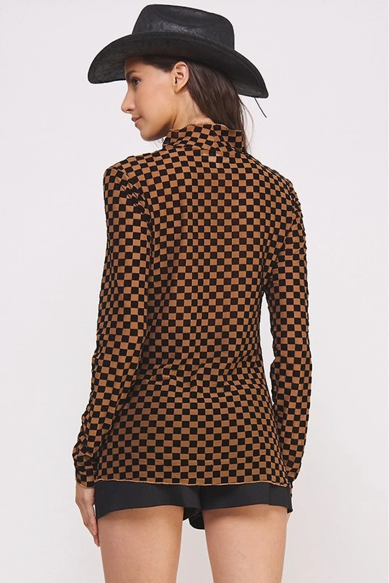 Mesh Checkered Top With Long Sleeves And Mock Neck