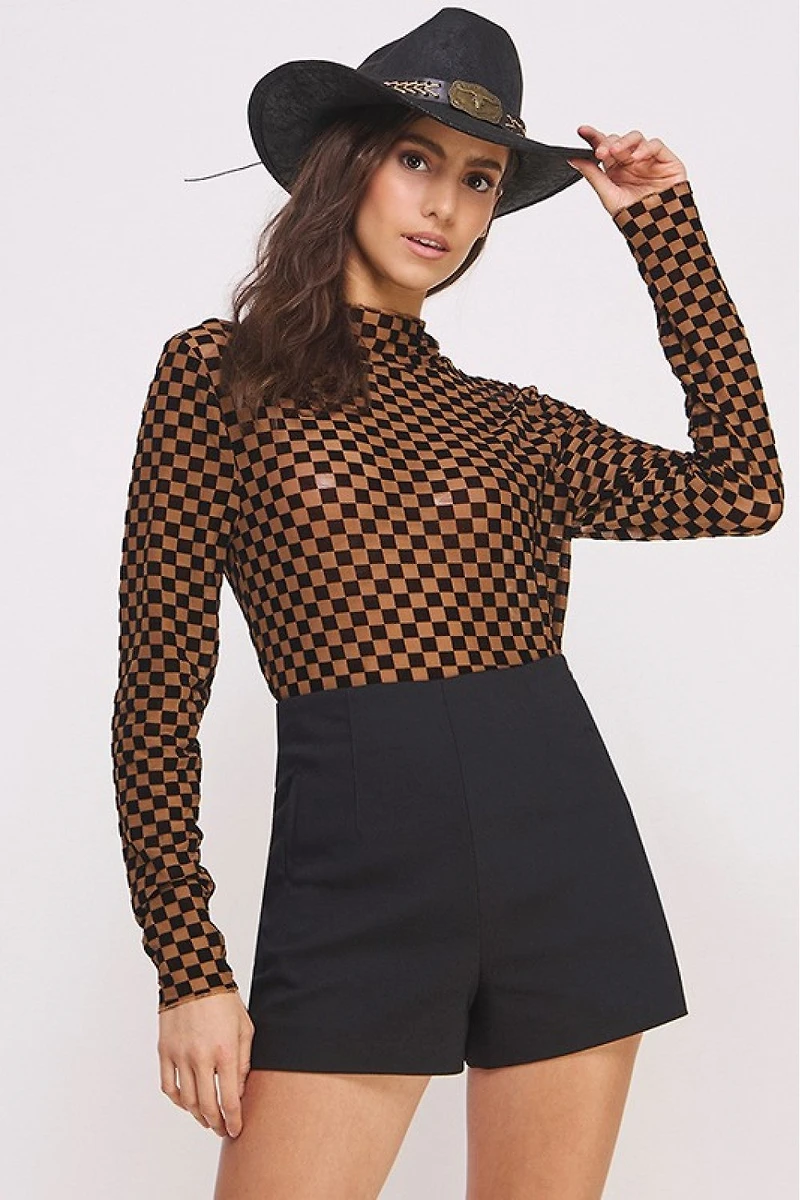 Mesh Checkered Top With Long Sleeves And Mock Neck