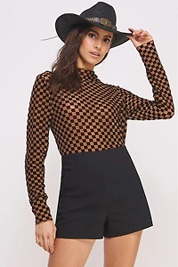 Mesh Checkered Top With Long Sleeves And Mock Neck