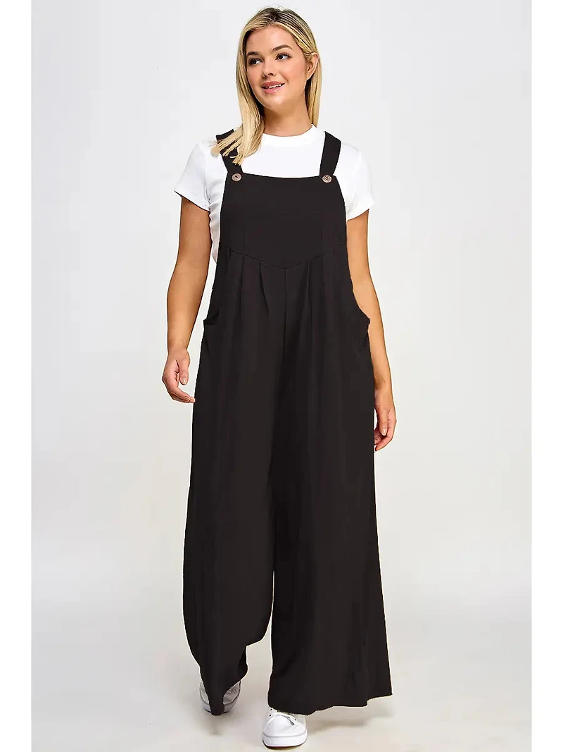 Black Plus Pleated Overalls With Pockets