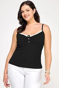 Black Plus Ribbed Knit Camisole With Lace Trim