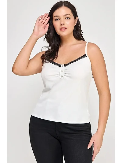 Whtie Plus Ribbed Knit Camisole With Lace