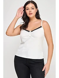 Whtie Plus Ribbed Knit Camisole With Lace