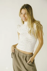 Ribbed Knit Crop Top Ruffle Sleeve