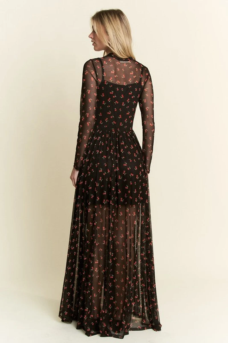 Black Cherry Print Maxi Dress