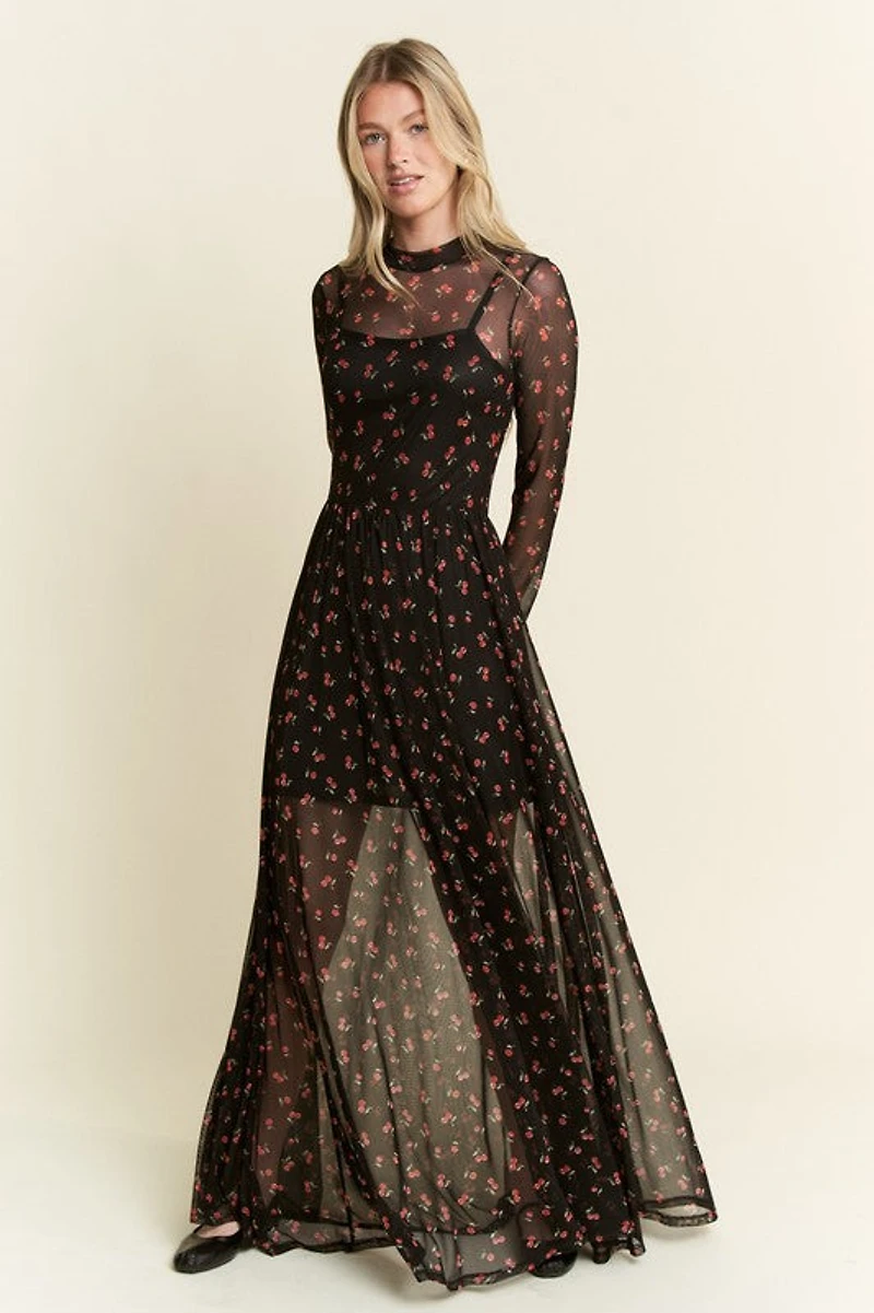 Black Cherry Print Maxi Dress