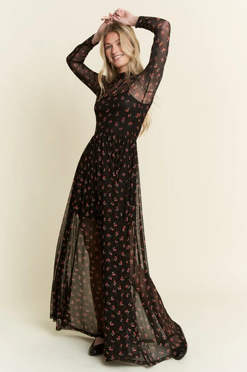 Black Cherry Print Maxi Dress
