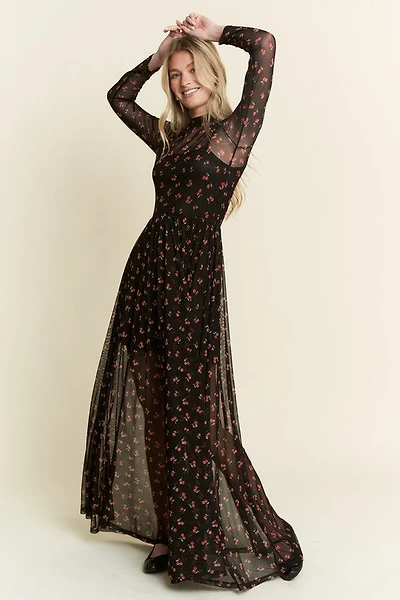 Black Cherry Print Maxi Dress