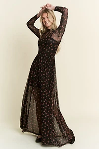 Black Cherry Print Maxi Dress