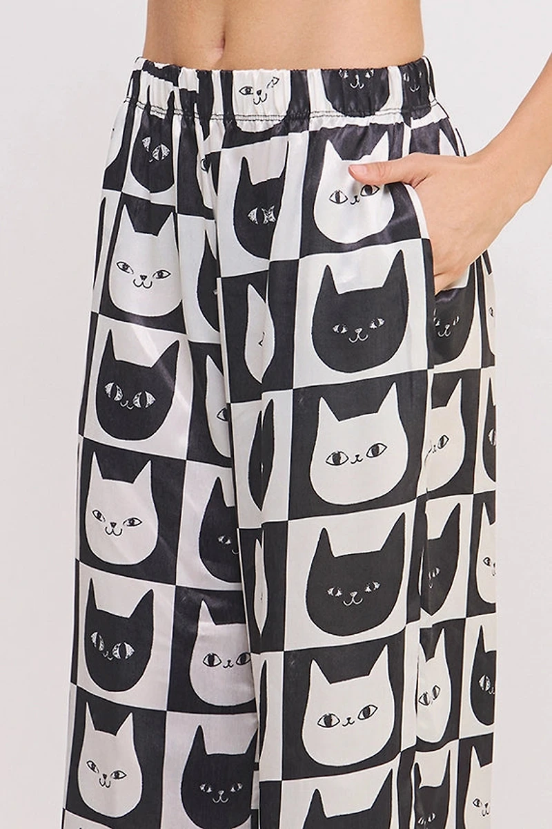 Mid Rise Cat FAce Print Straight Leg Satin Pants
