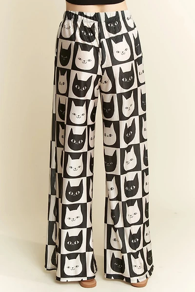 Cat Checkered Wide Leg Pants