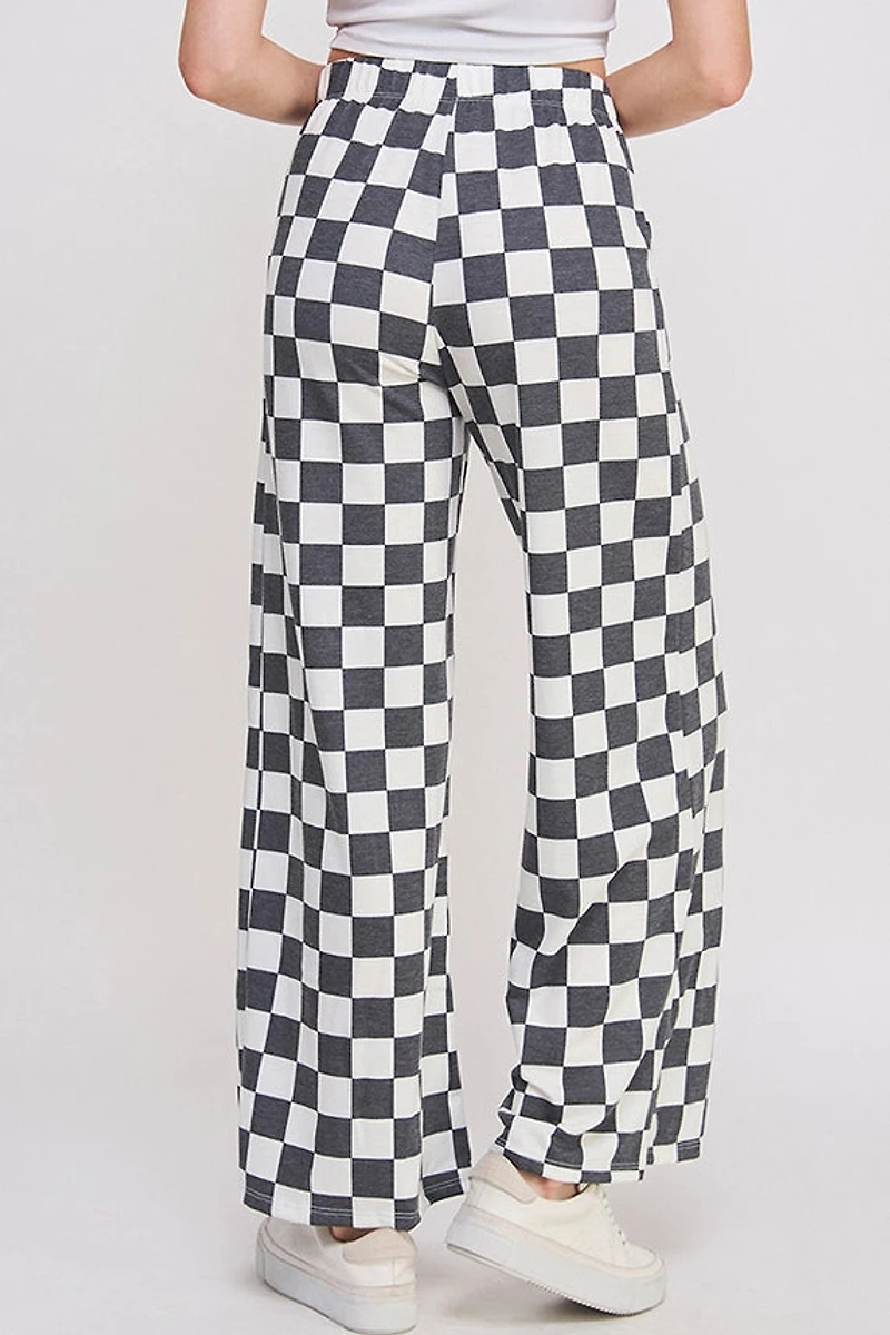 High Waist Checkered Straight Leg Knit Pants