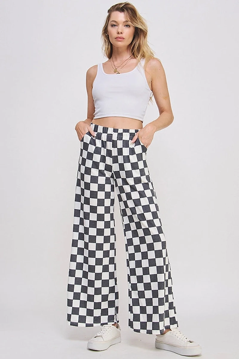High Waist Checkered Straight Leg Knit Pants