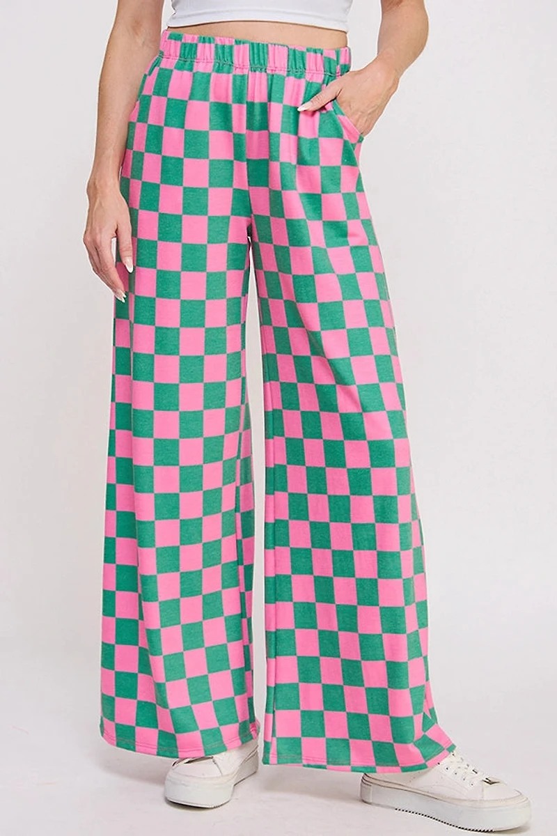 High Waist Checkered Straight Leg Knit Pants