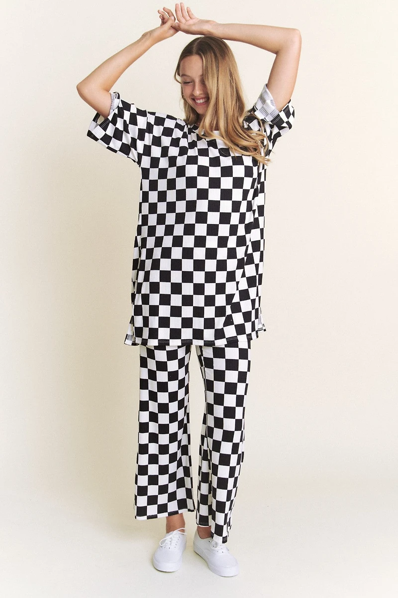 Checkered Rib Print Top