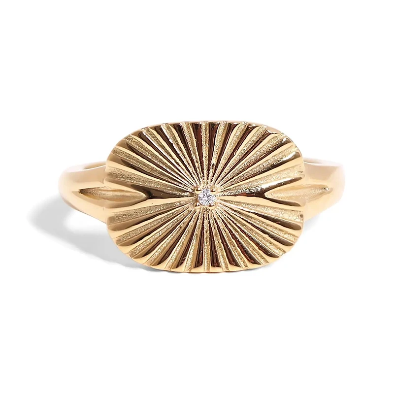 Gold Stainless Steel Cubic Zirconia Sunburst Rectangle Ring