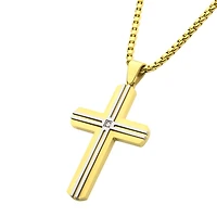 18Kt Gold IP Steel Lab-Grown Diamond Cross Pendant 24"