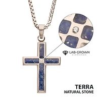 Matte Stainless Steel Lapis Lazuli Stone Inlay & Lab-Grown Diamond Cross Pendant