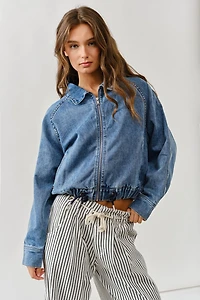 Balloon Sleeve Twill Jacket With Drawstring Waist