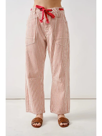Rust Striped Barrel Denim Pants with Eyelet Waist