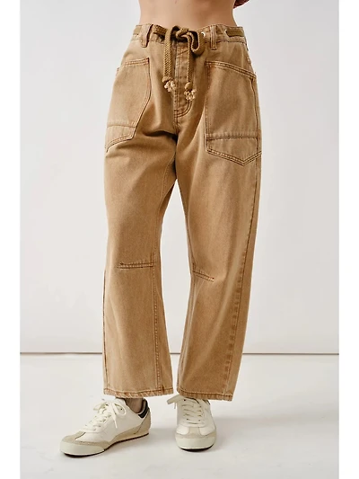 Rust Barrel Denim Pants With Eyelet Waist