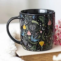 Black Midnight Bloom Folk Floral Print Mug