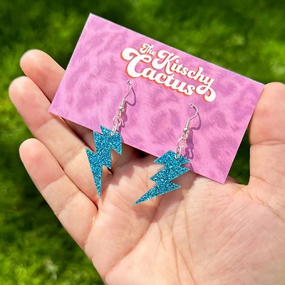 Star Man (Mini)-Blue Glitter Lightning Bolt Earrings