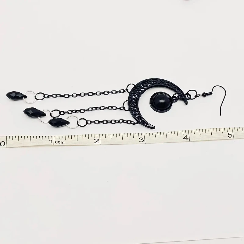 Gothic Black Moon Long Chain Earrings