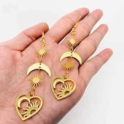 Sun Moon Star Heart-Shaped Pendant Earrings