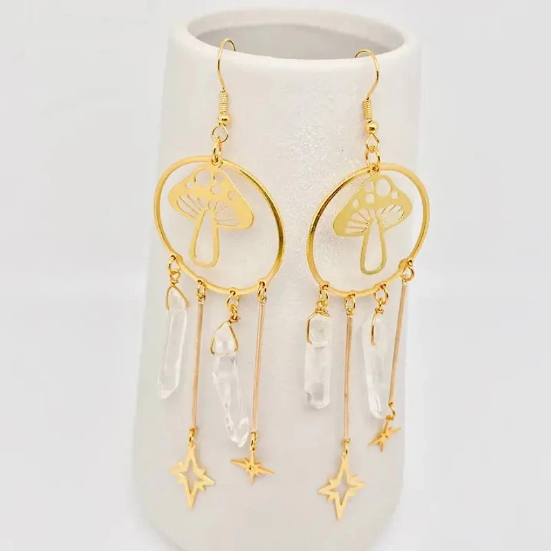 Quartz Crystal Golden Mushroom Pendant Earrings