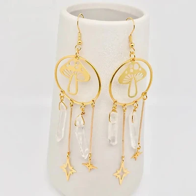Quartz Crystal Golden Mushroom Pendant Earrings