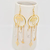 Quartz Crystal Golden Mushroom Pendant Earrings