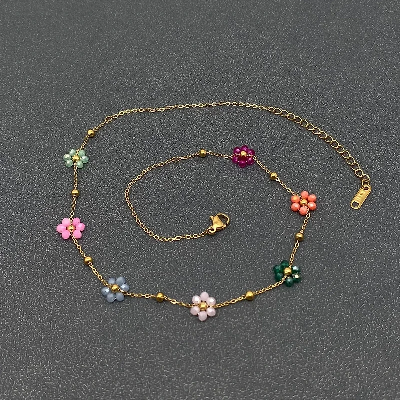 7 Color Glass Beaded Flowers 18K Gold Plated SS Necklace