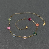 7 Color Glass Beaded Flowers 18K Gold Plated SS Necklace