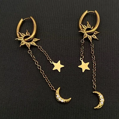 Cz Moon Star Sun 18K Golden Ss Huggie Earrings
