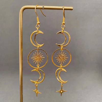Golden Hollow Moon Star Dangle Earrings