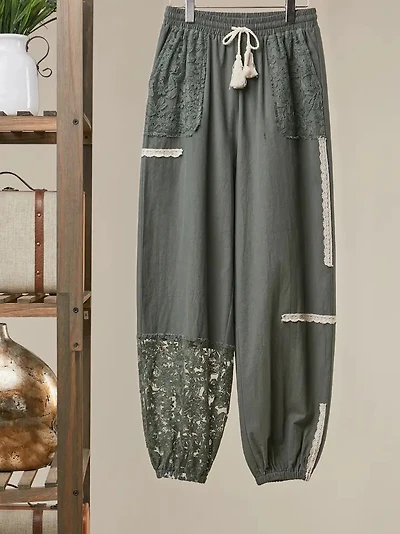 Lace Accents Patchwork Crochet Jogger Pants