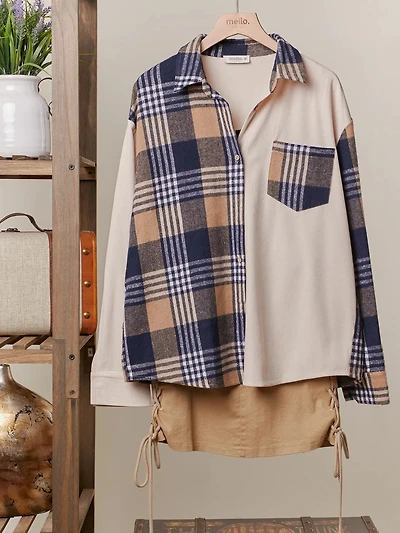 Corduroy Color Block Plaid Shirt Shacket