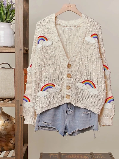 V Neck Cardigan With Rainbow Overstitch