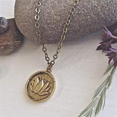 Kamala Lotus Talisman Necklace Antique Brass