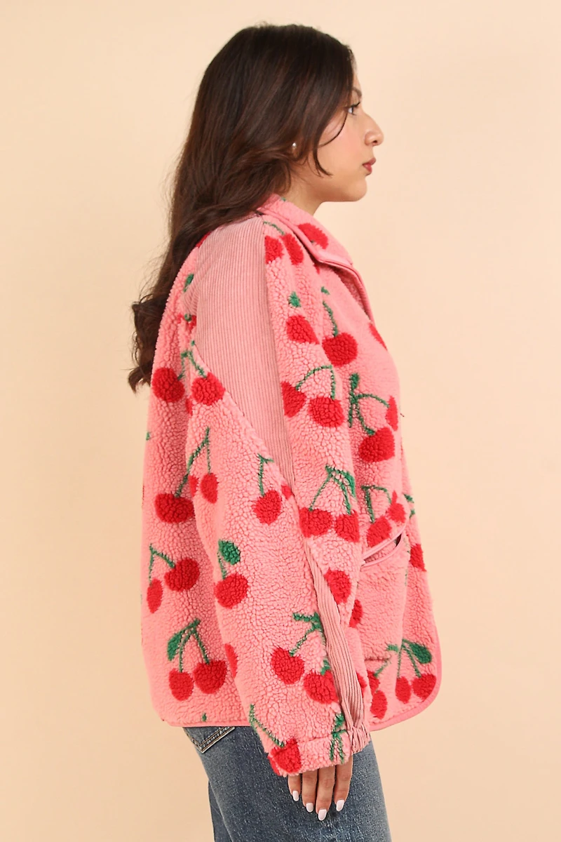 Cherry Print Sherpa Jacket
