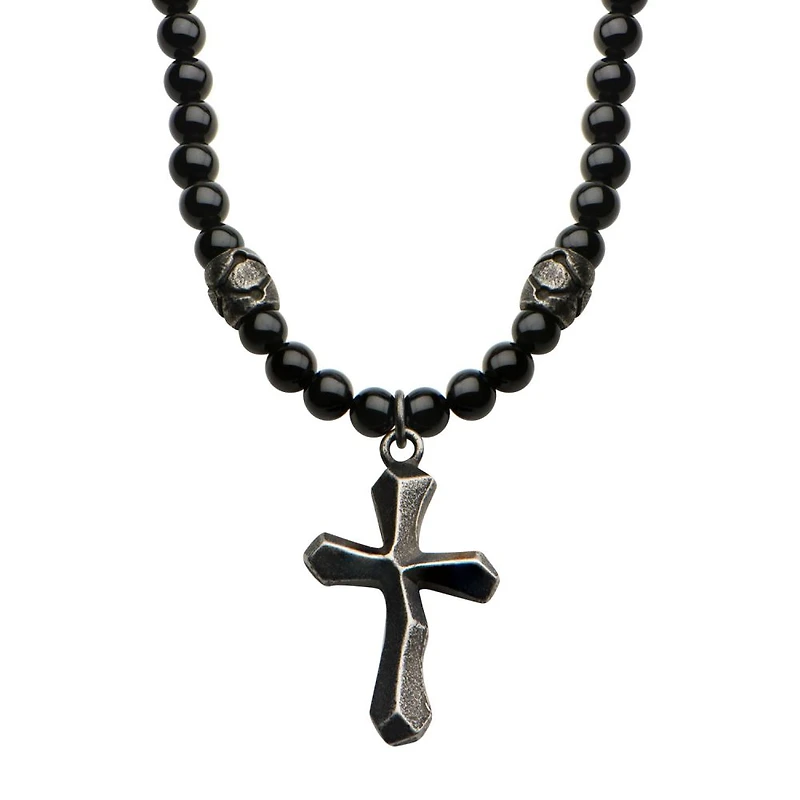 Black Onyx Beads w/ Steel Cross Necklace 28"