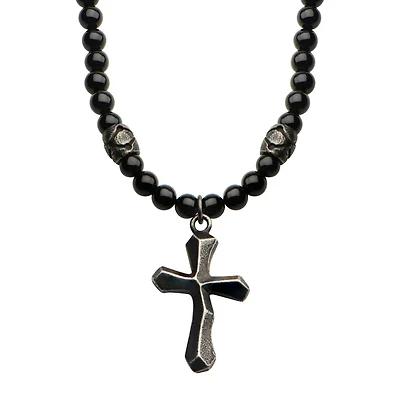 Black Onyx Beads w/ Steel Cross Necklace 28"