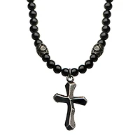 Black Onyx Beads w/ Steel Cross Necklace 28"