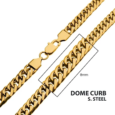 8mm 18Kt Gold IP Dome Curb Chain Necklace 26"